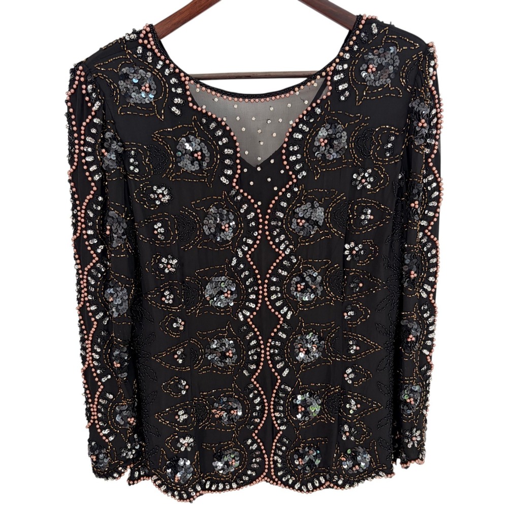 Vintage Fully Beaded Silk Top Small Glam Black Sequin Evening Blouse 1980-1990s